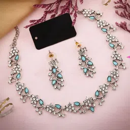 Lyriss Silver-Plated American Diamond Studded Floral Shaped Jewellery Set image 1