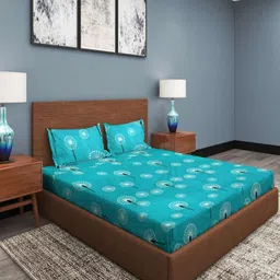 Myntra Elegant Homes Blue & White Floral Printed Fitted 300 TC Super King Bedsheet with 2 Pillow Covers-picture-19