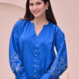 DL Woman Floral Embroidered Mandarin Collar Cotton Blouson Top-picture-31