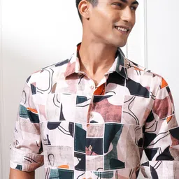 LOCOMOTIVE Premium Men Peach Satin Printed Party Shirt-image-55