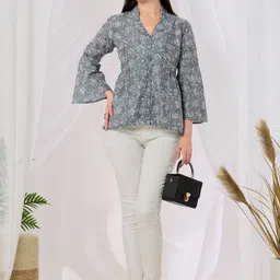 AMOUS Floral Printed Lapel Collar Bell Sleeve Top image 2