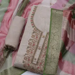 Meena Bazaar Floral Embroidered Beads And Stones Tissue Unstitched Dress Material image 1