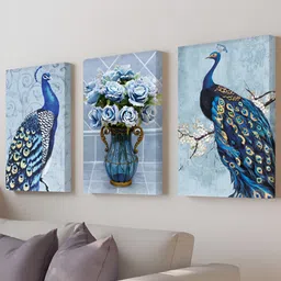 Myntra Elegant Homes Blue 3 Pieces Beautiful Peacock & Flower With Vase Canvas Wall Arts-picture-29