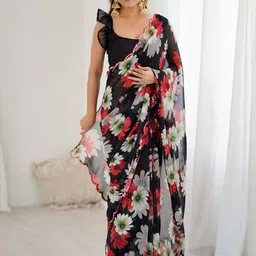 Black Floral Print Georgette Saree with Unstitched Blouse Piece-image-20