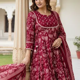 Indo Era Floral Printed Panelled Pure Cotton Kurta With Trousers & Dupatta-picture-18