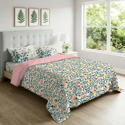URBAN SPACE Green & Pink Printed Persian Courtyard Queen Bedsheet & Dohar Set-image-67