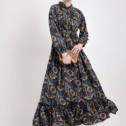 OTABU Women Floral Printed Tie-Up Neck Puff Sleeves Fit and Flare Maxi Dress-image-16