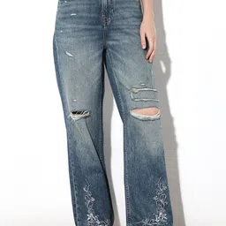 ONLY Women Straight Fit Mid-Rise Highly Distressed Heavy Fade Cotton Embroidered Jeans-image-17