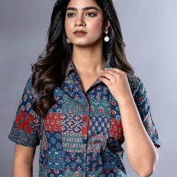 The Roadster Lifestyle Co Ethnic Printed Cuban Collar Pure Cotton Shirt Style Top-picture-26