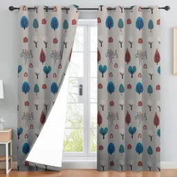BFAM Red & Blue Set of 2 Floral Black Out Long Door Curtain-picture-24