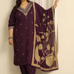 EXTRA LOVE BY LIBAS Women Plus Size Ethnic Motifs Embroidered Kurta with Salwar & Dupatta-picture-32
