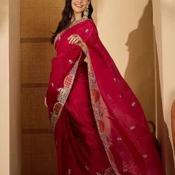 FABMORA Ethnic Motifs Embroidered Organza Saree image 4