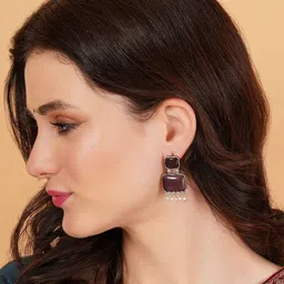 JEWILLEY Parnika Silver-Plated Artificial Stones Studded & Beaded Oxidised Drop earrings image 4