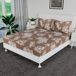 Aura Brown & White Floral Printed 144 TC Cotton King Bedsheet Set 2.29 m x 2.54 m-image-42