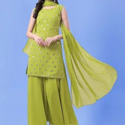PARROT CREATION Geometric Embroidered Sequinned Georgette Kurti with Sharara And Dupatta-picture-18