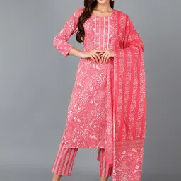 KALINI Floral Printed Thread Work Pure Cotton Straight Kurta With Trousers & Dupatta-picture-24