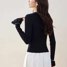 JC Collection Women Ribbed Pullover with Embellished Detail image 5