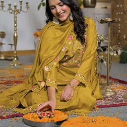 SANISA Women Ethnic Motifs Embroidered Regular Thread Work Kurta with Trousers & With Dupatta-image-53