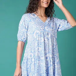 V-Mart Ethnic Motifs Print Puff Sleeve Layered Fit & Flare Dress image 5