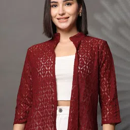 UnaOne Self Design Embroidered Front Open Front Collared Lace Cotton Shrug-picture-42