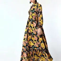 Raiyani Fashion Women Floral Print Tie Up Neck Puff Sleeve Maxi Fit & Flare Dress-image-58