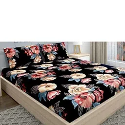 JUSTWAY Black Floral 210 TC King Bedsheet with 2 Pillow Covers-picture-14