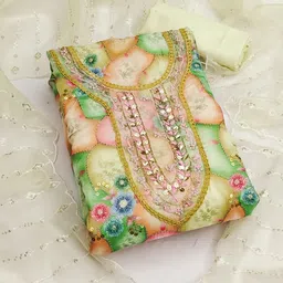 SHADOW & SAINING Floral Printed Beads and Stones Organza Semi-Stitched Dress Material-image-13