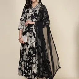 Meena Bazaar Floral Printed Thread Work V-Neck Anarkali Kurta With Trousers & Dupatta image 3