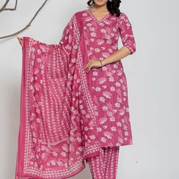 Aralia Women Floral Printed Cotton Kurta with Trousers & Dupatta-image-24