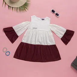 Purple United Kids Girls Colourblocked Round Neck Flared Sleeve Cotton Fit & Flare Dress-picture-28