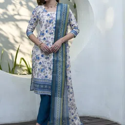 yoella Elegant White Cotton Printed Kurta Set with Linen Dupatta | Summer Ethnic Co-ord Set for Women-picture-17
