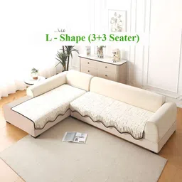 HOKIPO Cream Colored & Brown 2 Pieces Plush L Shape 6 Seater Sofa Cover Seat Mat-image-8