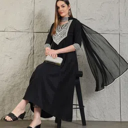 KALINI Embroidered Mirror Work Notch Neck A-Line Kurta With Trouser And Dupatta image 2