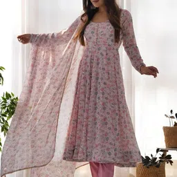 SWEETPEL Women Floral Printed Regular Thread Work Kurta with Trousers & Dupatta image 2