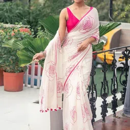 Moda Rapido Floral Linen Blend Handloom Block Print Saree image 2