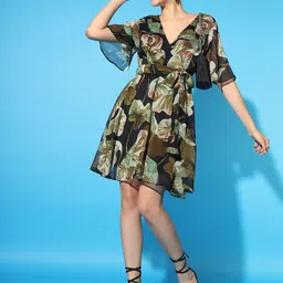 BAESD Tropical Printed Flared Sleeve Georgette Fit & Flare Dress-picture-8