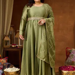 Janasya Women's Plus Size Sage Green Silk Blend Embellished Gown with Dupatta-image-3