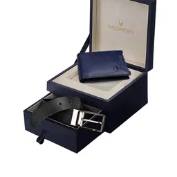 WildHorn Men Navy Blue & Black RFID Protected Genuine Leather Accessory Gift Set-image-15