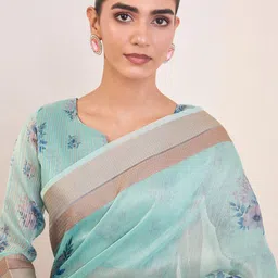 House of Pataudi Floral Printed Zari Saree with Unstitched Blouse image 5