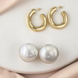 FIMBUL Set of 2 Gold-Plated Pearls Beaded Circular Shaped Studs & Chunky Hoop Earrings-picture-31