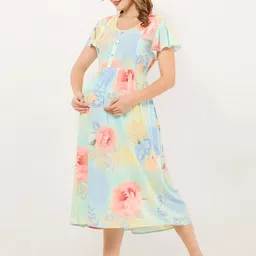 QUIRA Women Floral Printed Maternity Gathered or Pleated Maternity A-Line Midi Dress image 5
