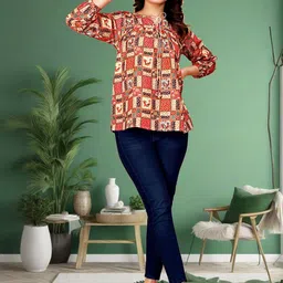 KHANJAN FASHION Printed Tie-Up Neck Ethnic Crepe Top image 2