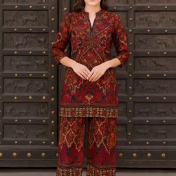 Lyzoo Printed Mandarin Collar Tunic With Palazzos Co-Ords-picture-20