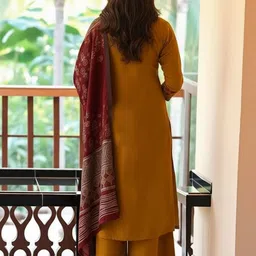 KALINI Floral Yoke Design Three-Quarter Sleeves Straight Kurta With Palazzos & Dupatta image 5