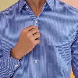 Indian Needle Men Classic Spread Collar Vertical Striped Cotton Casual Shirt image 2