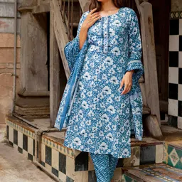 KALINI Women Floral Printed Regular Sequinned Pure Cotton Kurta with Trousers & With Dupatta-picture-23