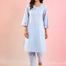 MISRI Women Floral Embroidered Pure Cotton Kurta with Trousers-image-48