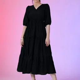 Krunal Raiyani Solid V-Neck Smocked Detail Fit & Flare Tiered Midi Dress-picture-32