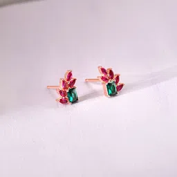 Zavya 925 Sterling Silver Cubic Rose Gold-Plated Zirconia Studded Leaf Shaped Studs image 3