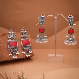 DIVASTRI Set Of 2 Silver-Plated Artificial Stones Studded Square Shaped Drop Earrings-picture-18